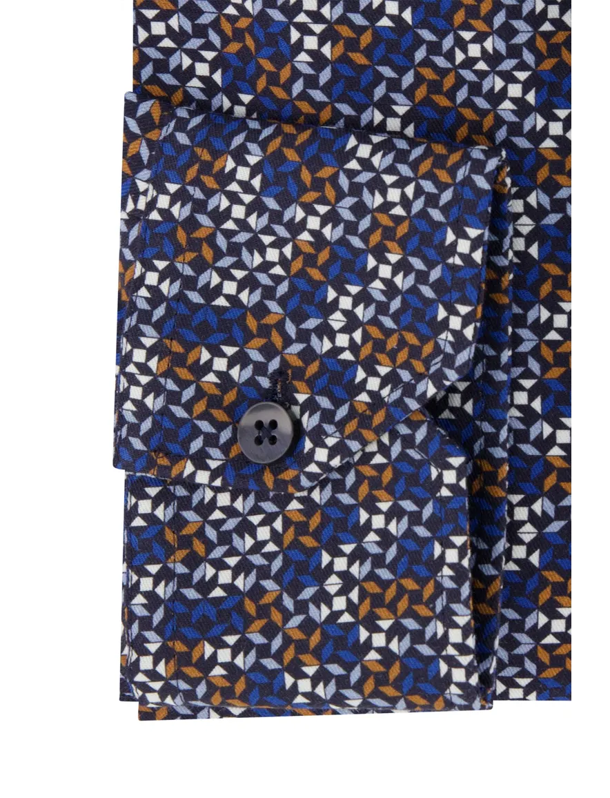 Ledub overhemd Modern Fit donkerblauw geprint katoen