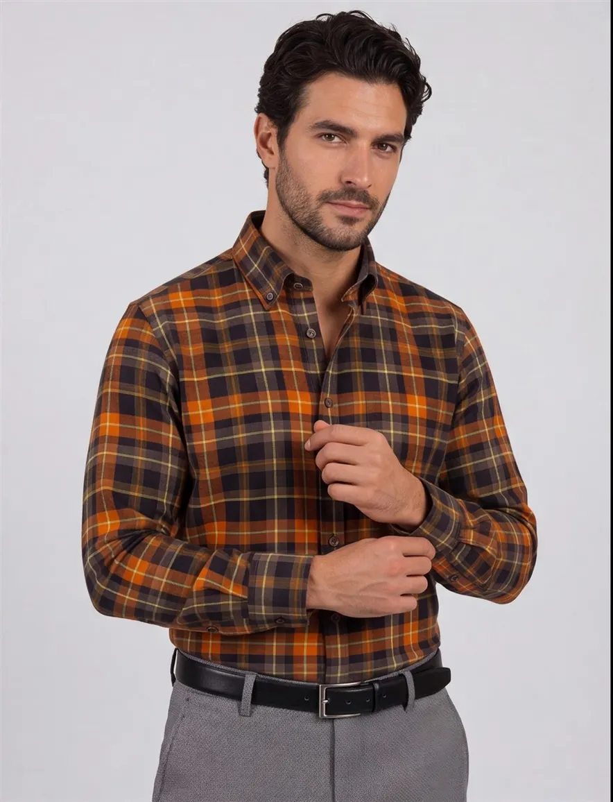 Portofino overhemd oranje geruit regular fit