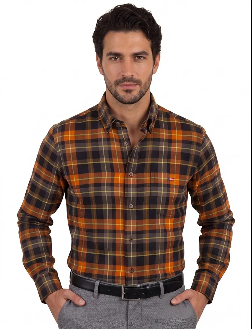 Portofino overhemd oranje geruit regular fit