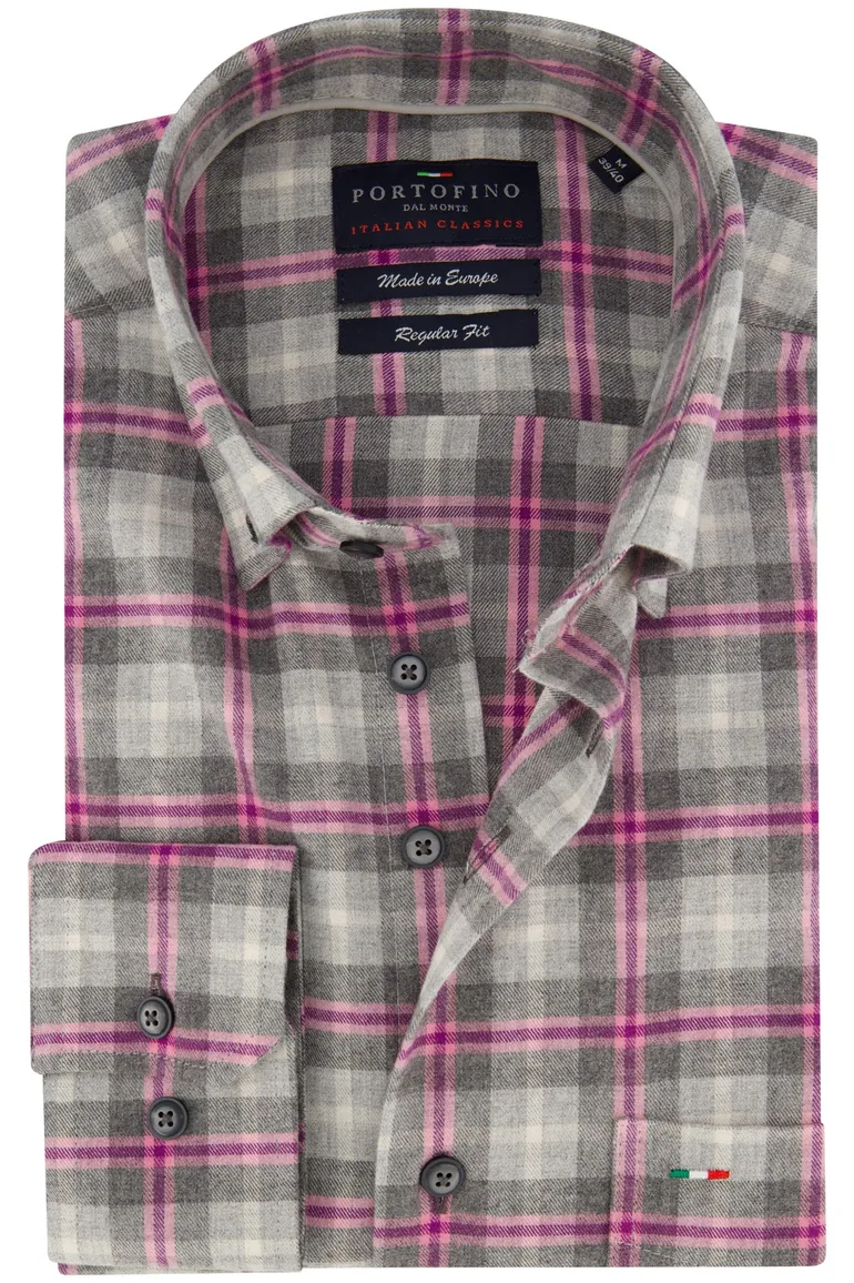 Portofino overhemd grijs geruit regular fit