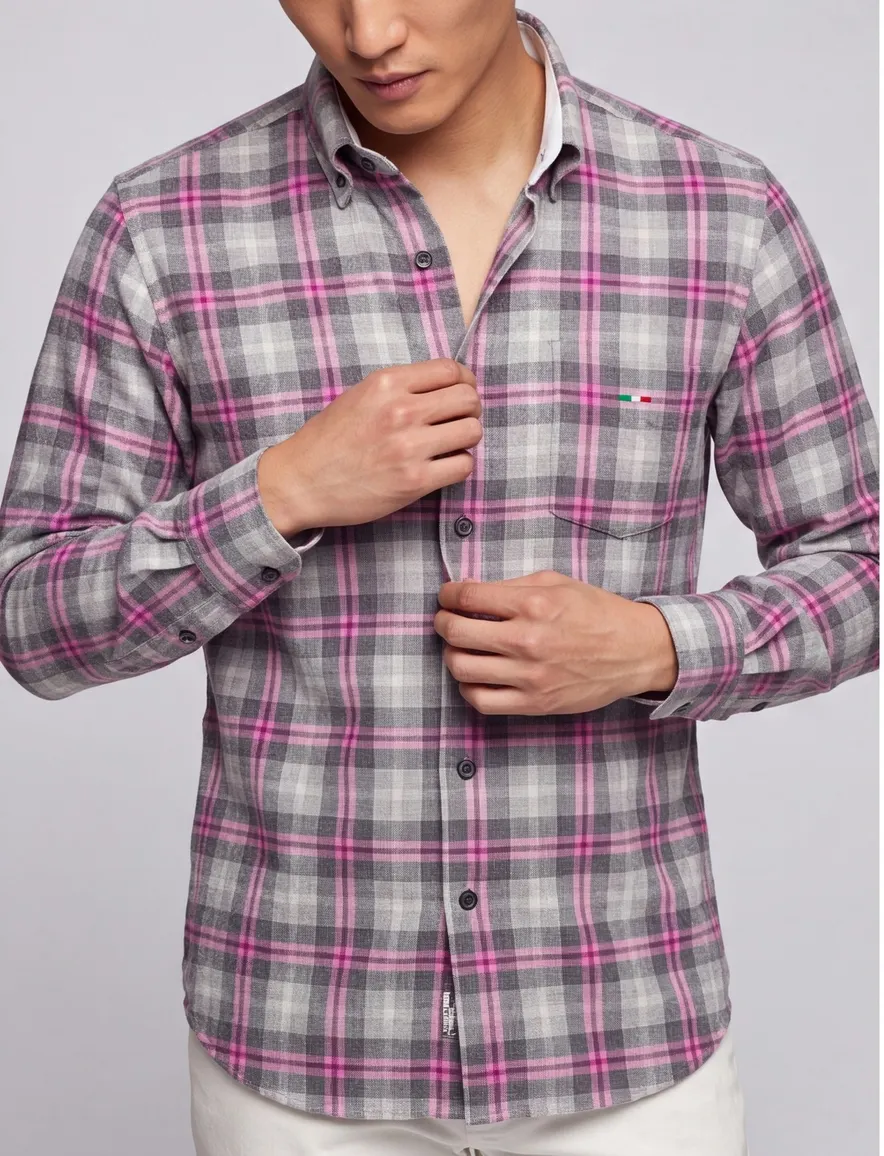 Portofino overhemd grijs roze geruit regular fit
