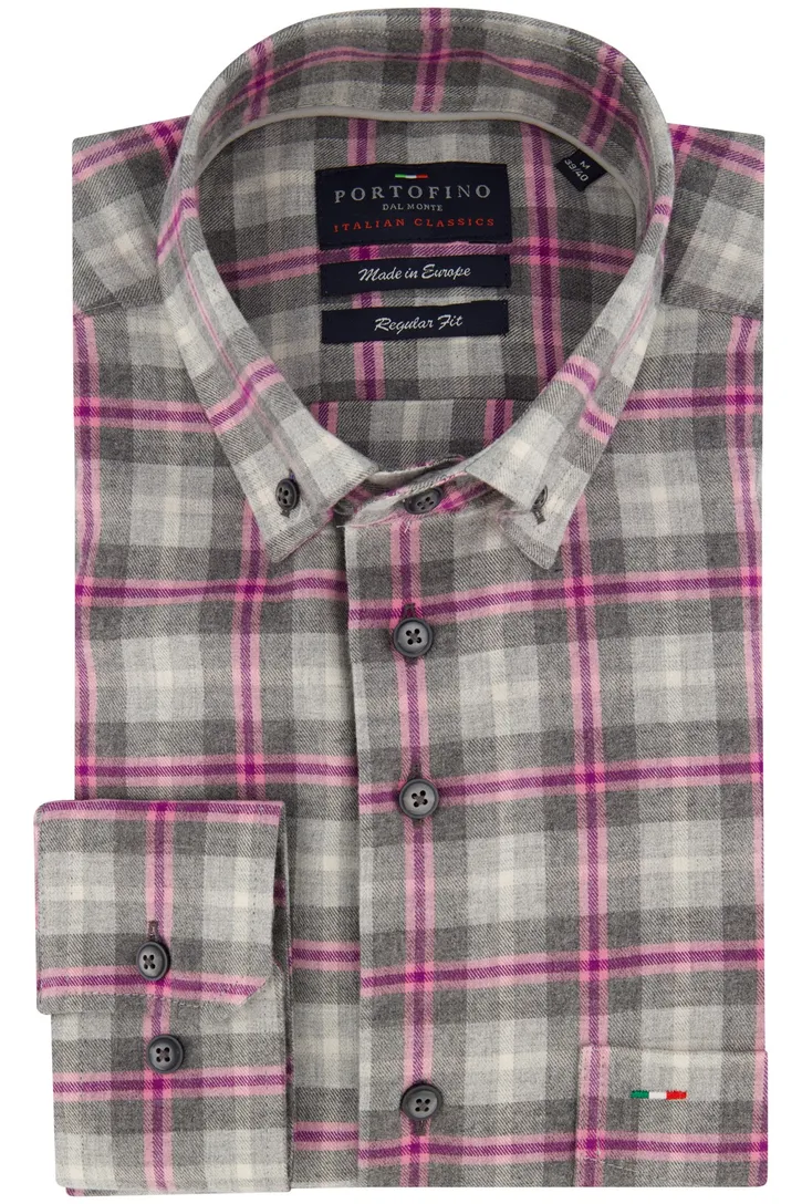 Portofino overhemd grijs roze geruit regular fit