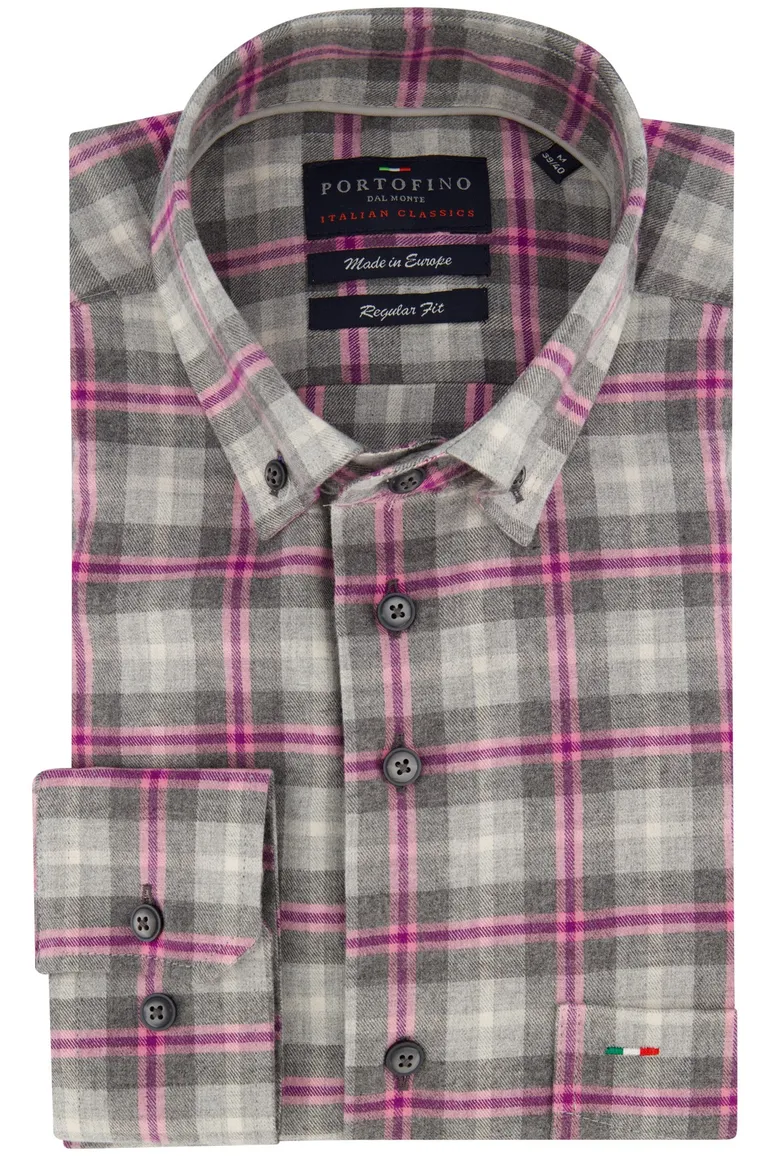 Portofino overhemd grijs roze geruit regular fit