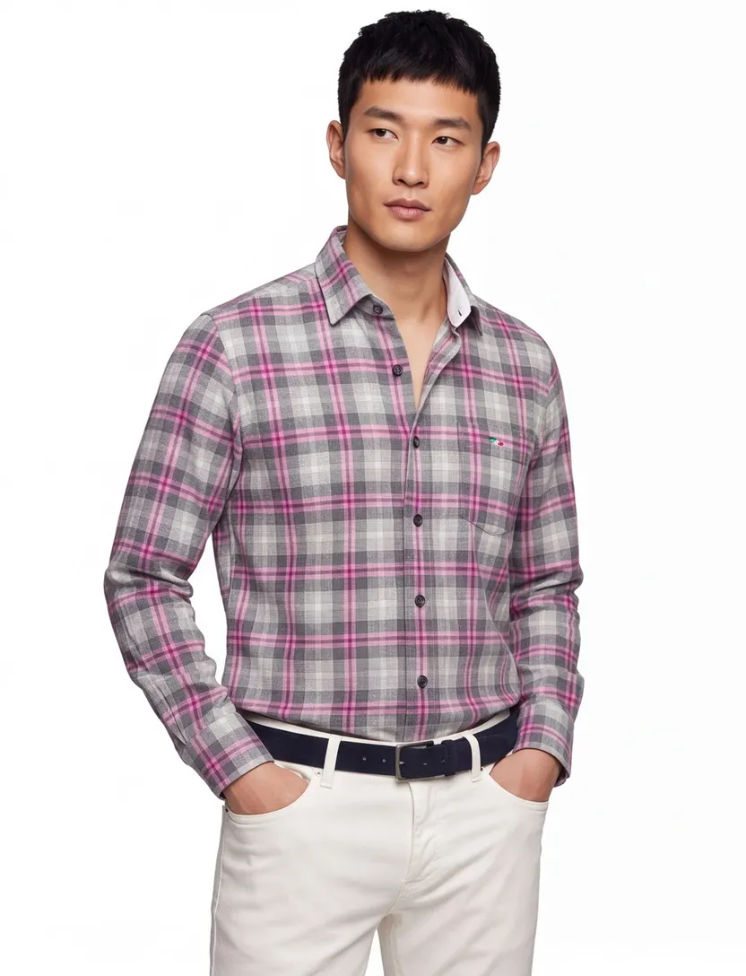 Portofino overhemd grijs roze geruit regular fit