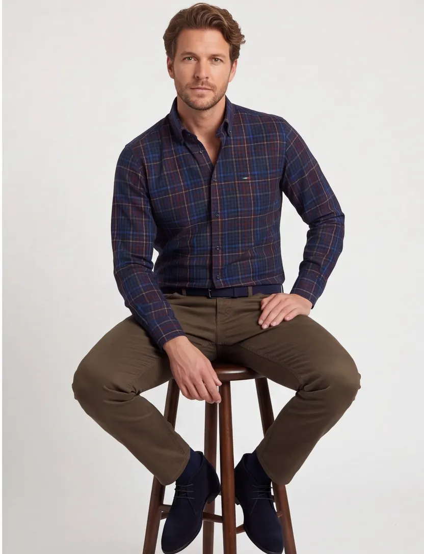 Portofino overhemd paars multicolor geruit regular fit
