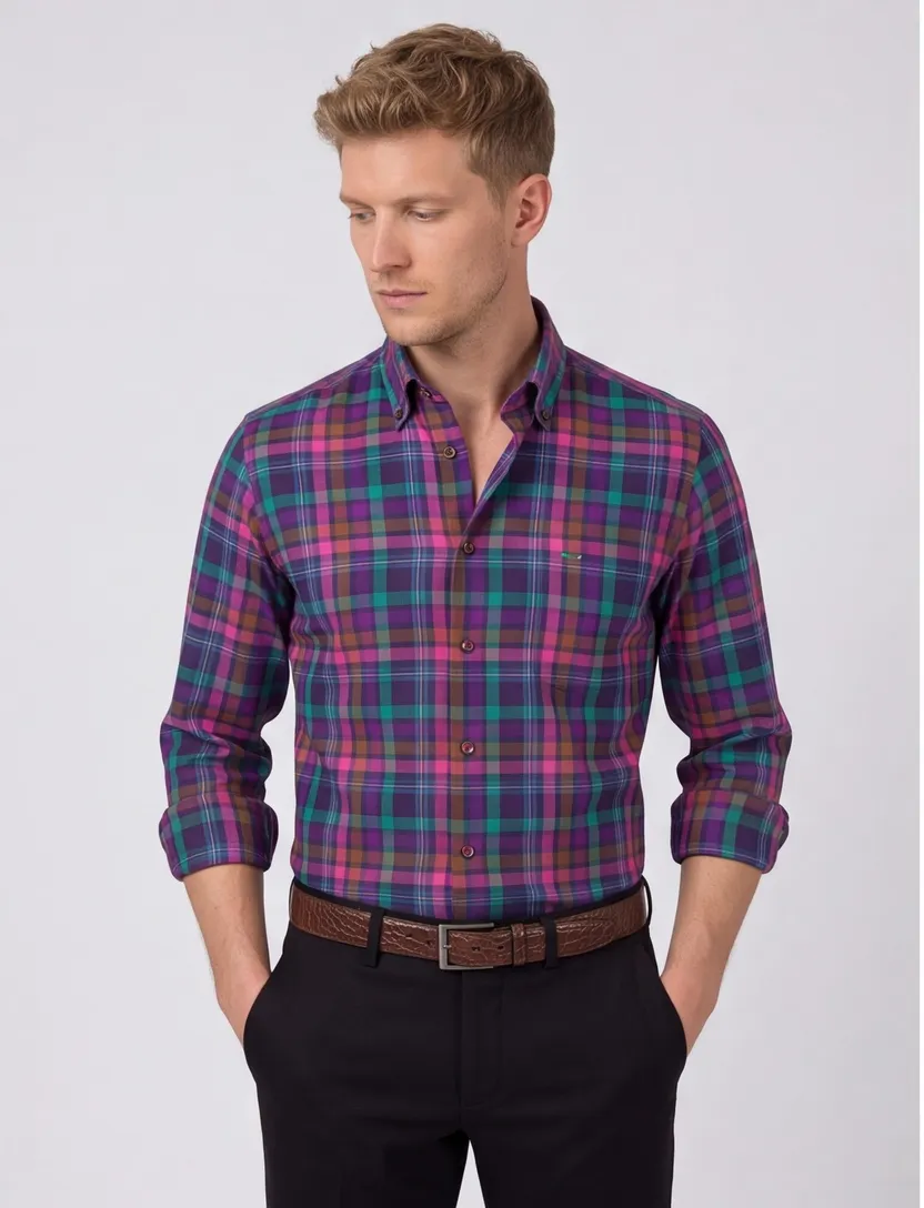 Portofino overhemd roze multicolor geruit regular fit