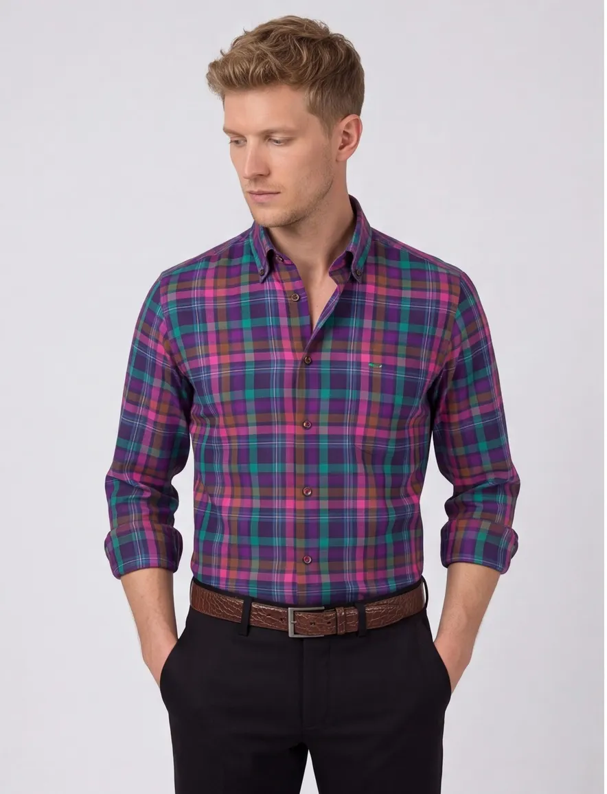 Portofino overhemd roze multicolor geruit regular fit