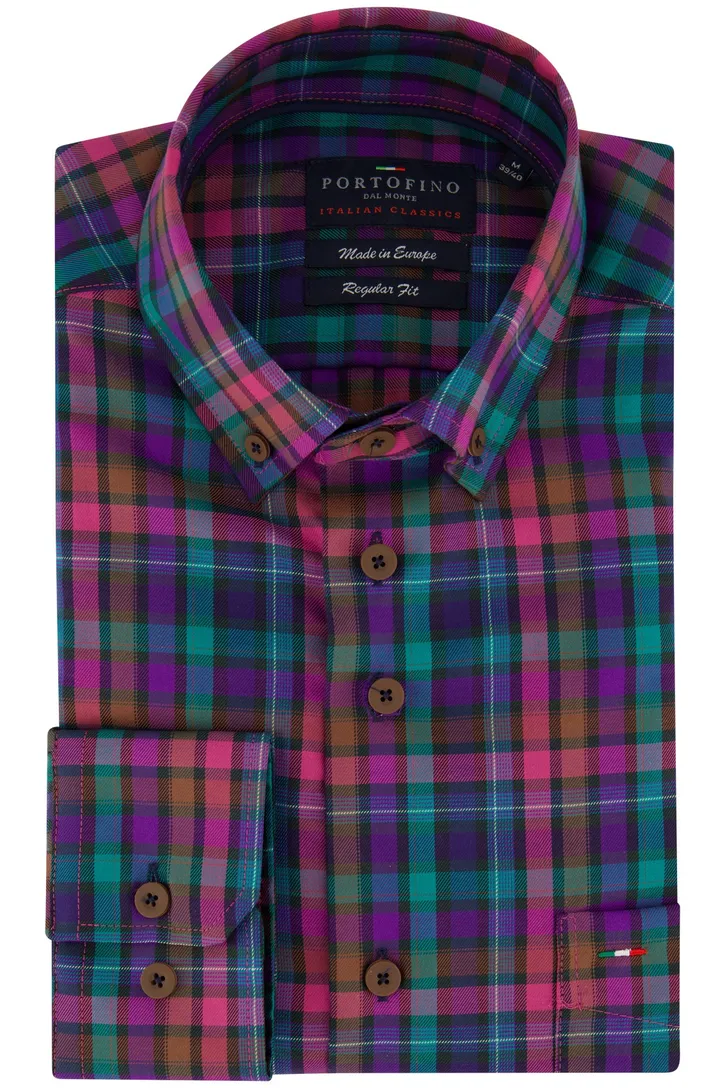 Portofino overhemd roze multicolor geruit regular fit