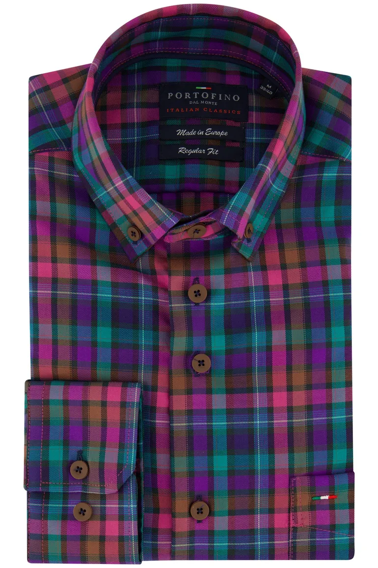 Portofino overhemd roze multicolor geruit regular fit