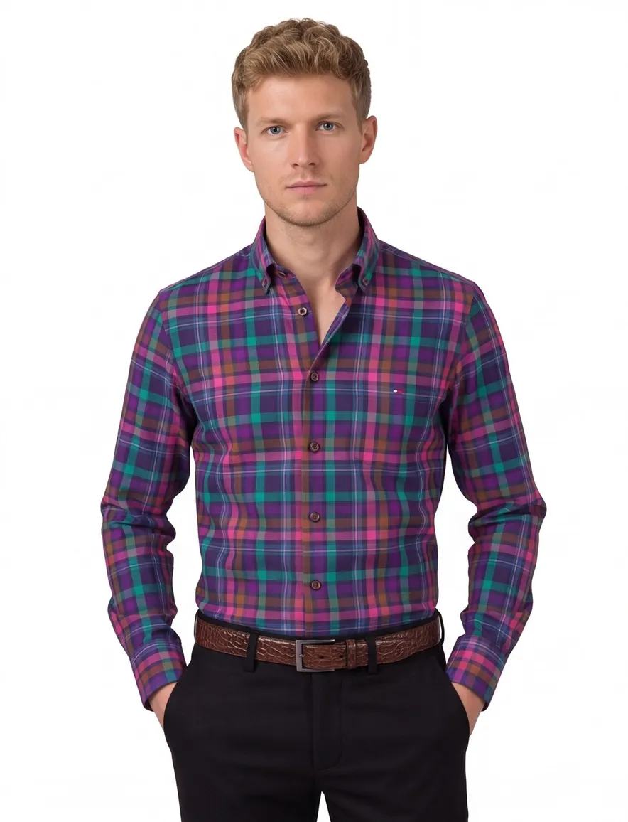 Portofino overhemd roze multicolor geruit regular fit