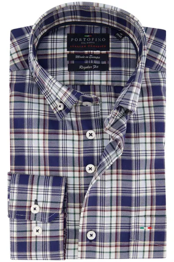 Portofino Portofino overhemd blauw geruit regular fit witte knopen