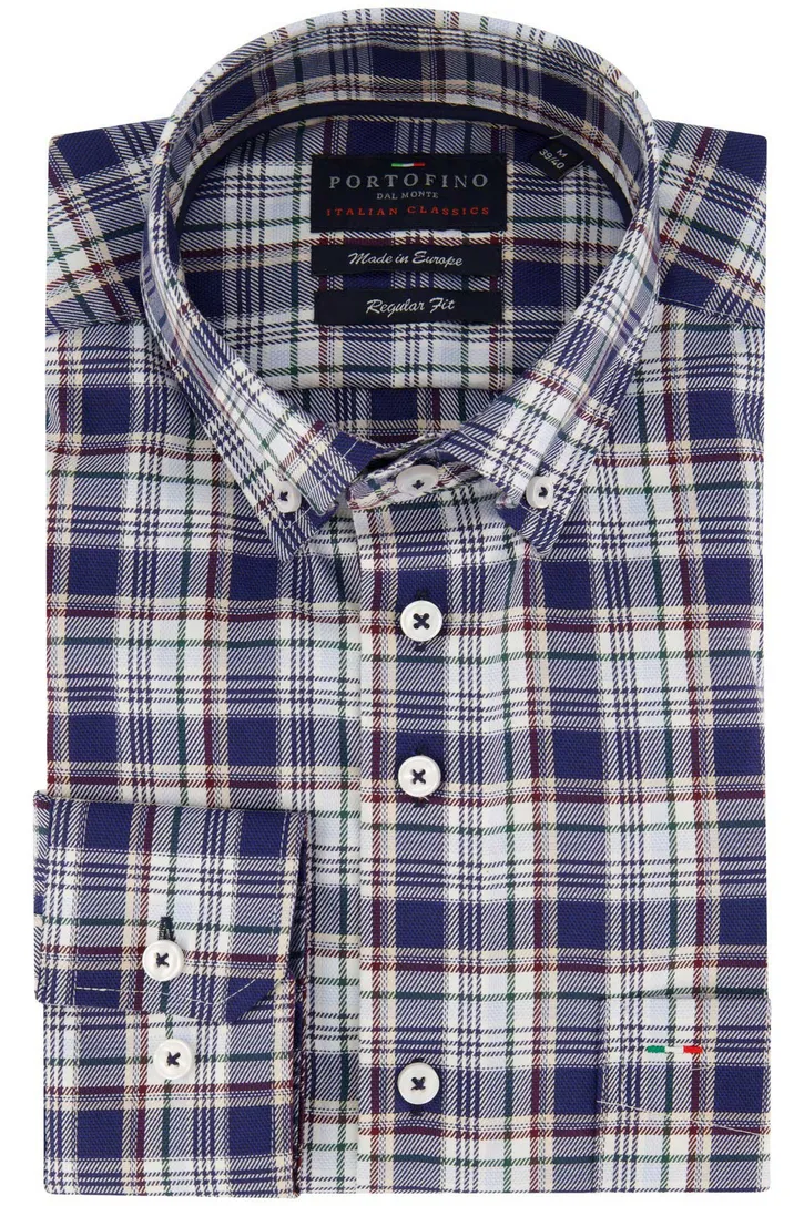 Portofino overhemd blauw geruit regular fit witte knopen