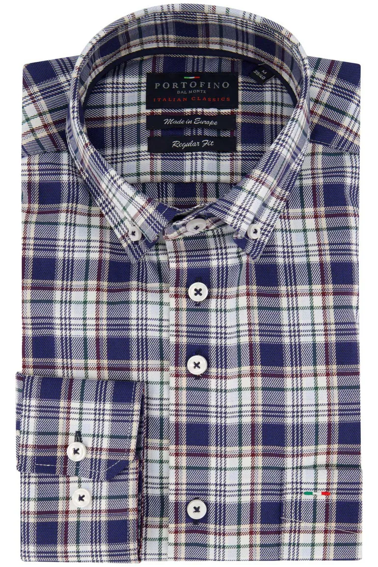 Portofino overhemd blauw geruit regular fit witte knopen