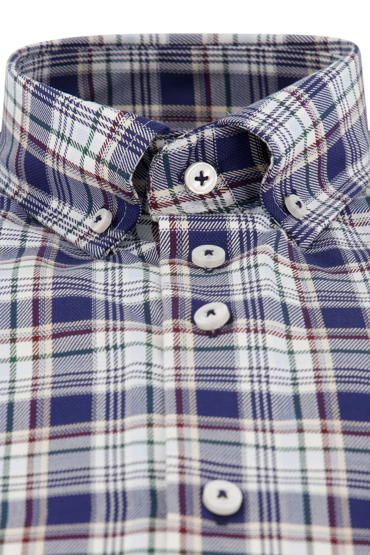 Portofino overhemd blauw geruit regular fit witte knopen