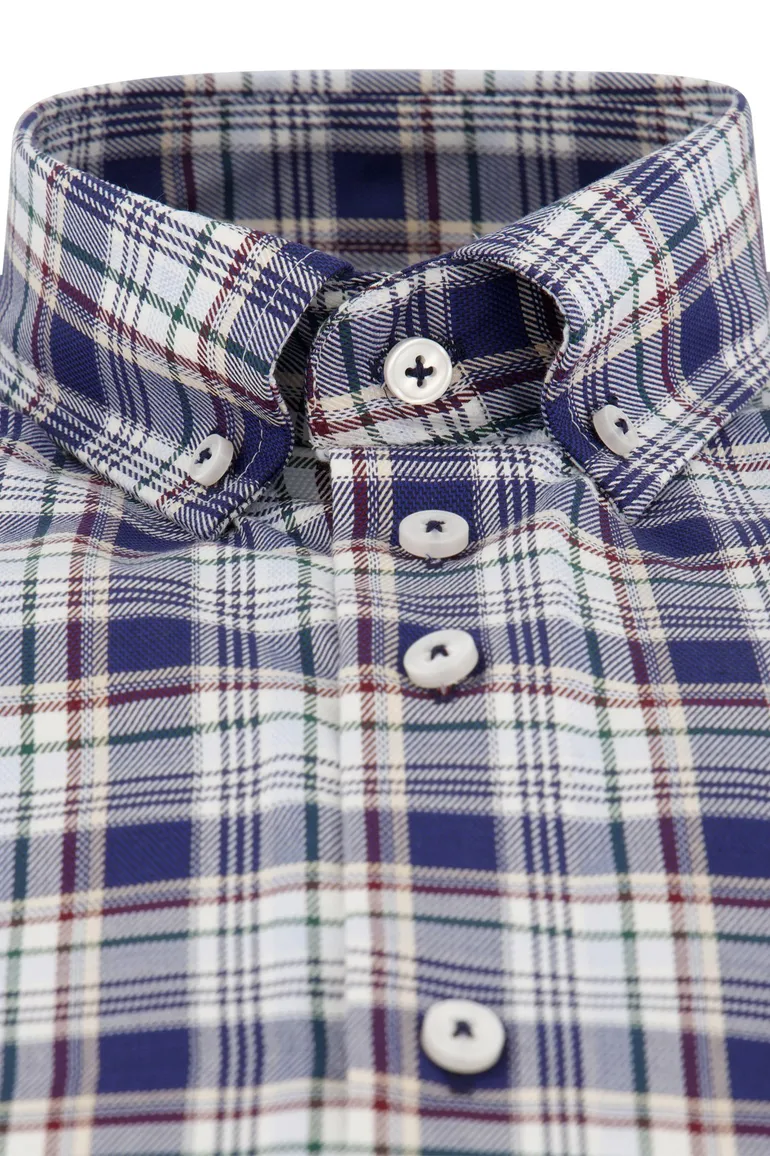 Portofino overhemd blauw geruit regular fit witte knopen