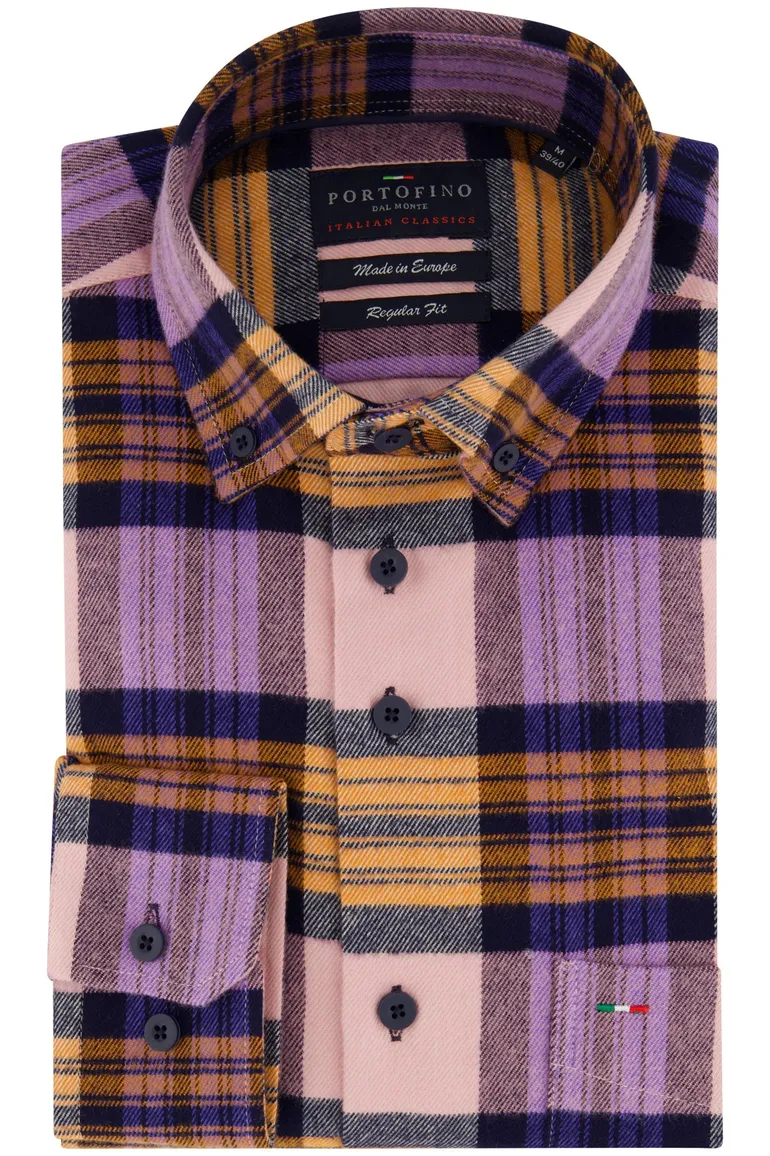 Portofino overhemd roze oranje geruit regular fit