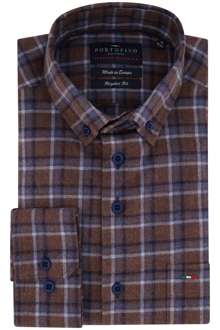 Portofino overhemd bruin blauw geruit regular fit