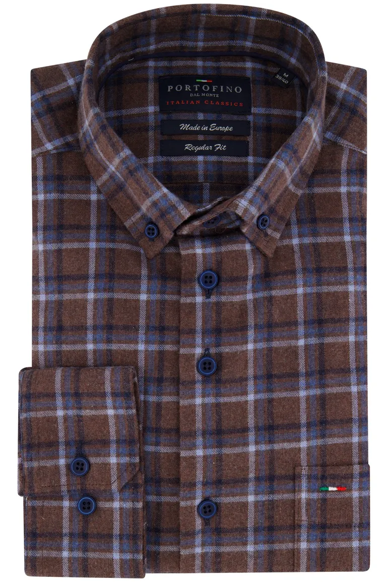 Portofino overhemd bruin blauw geruit regular fit