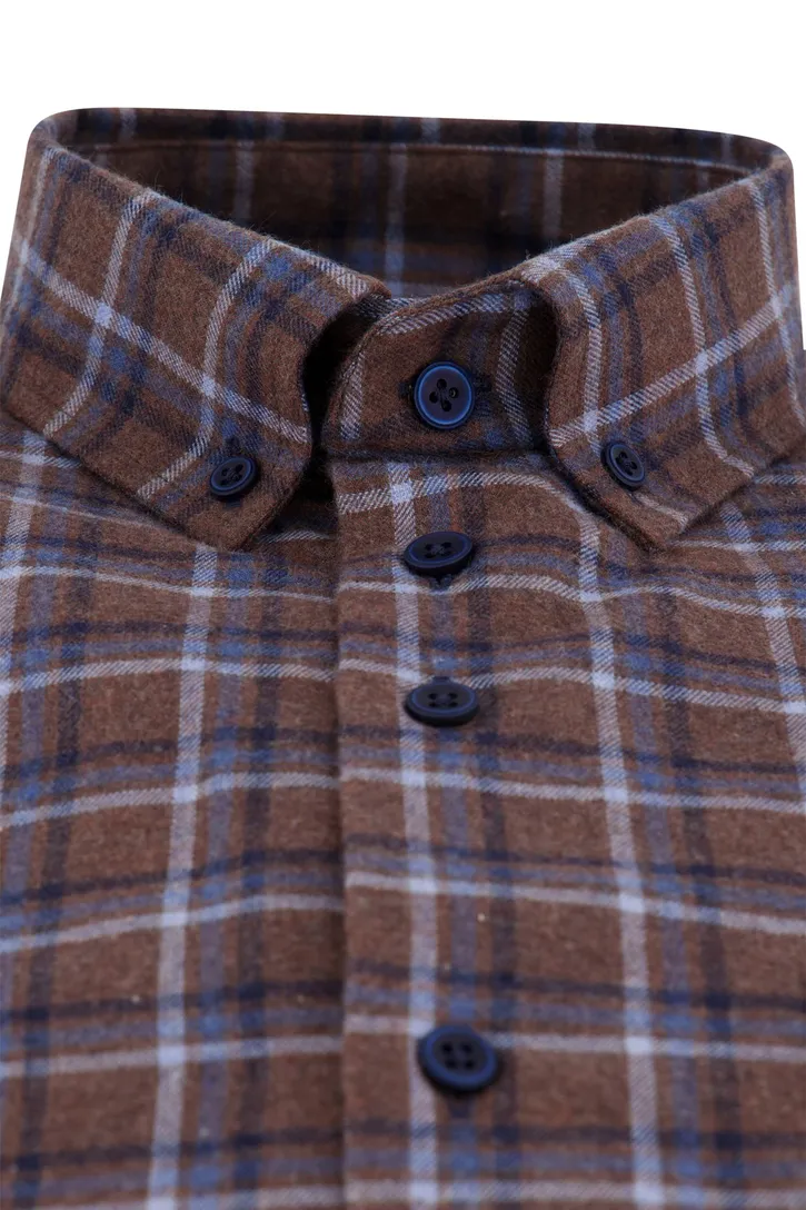 Portofino overhemd bruin blauw geruit regular fit