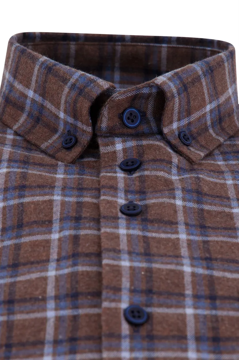 Portofino overhemd bruin blauw geruit regular fit