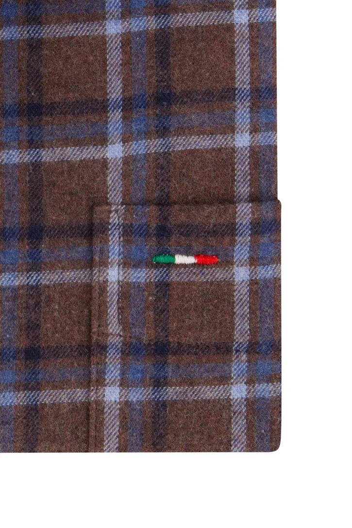 Portofino overhemd bruin blauw geruit regular fit