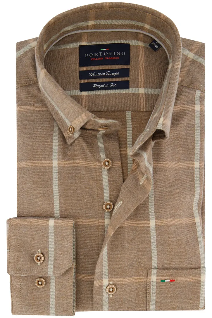 Portofino overhemd bruin geruit regular fit