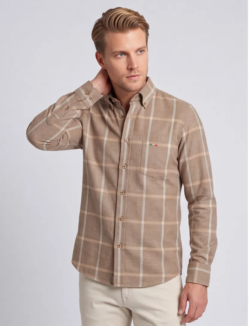 Portofino overhemd bruin geruit regular fit