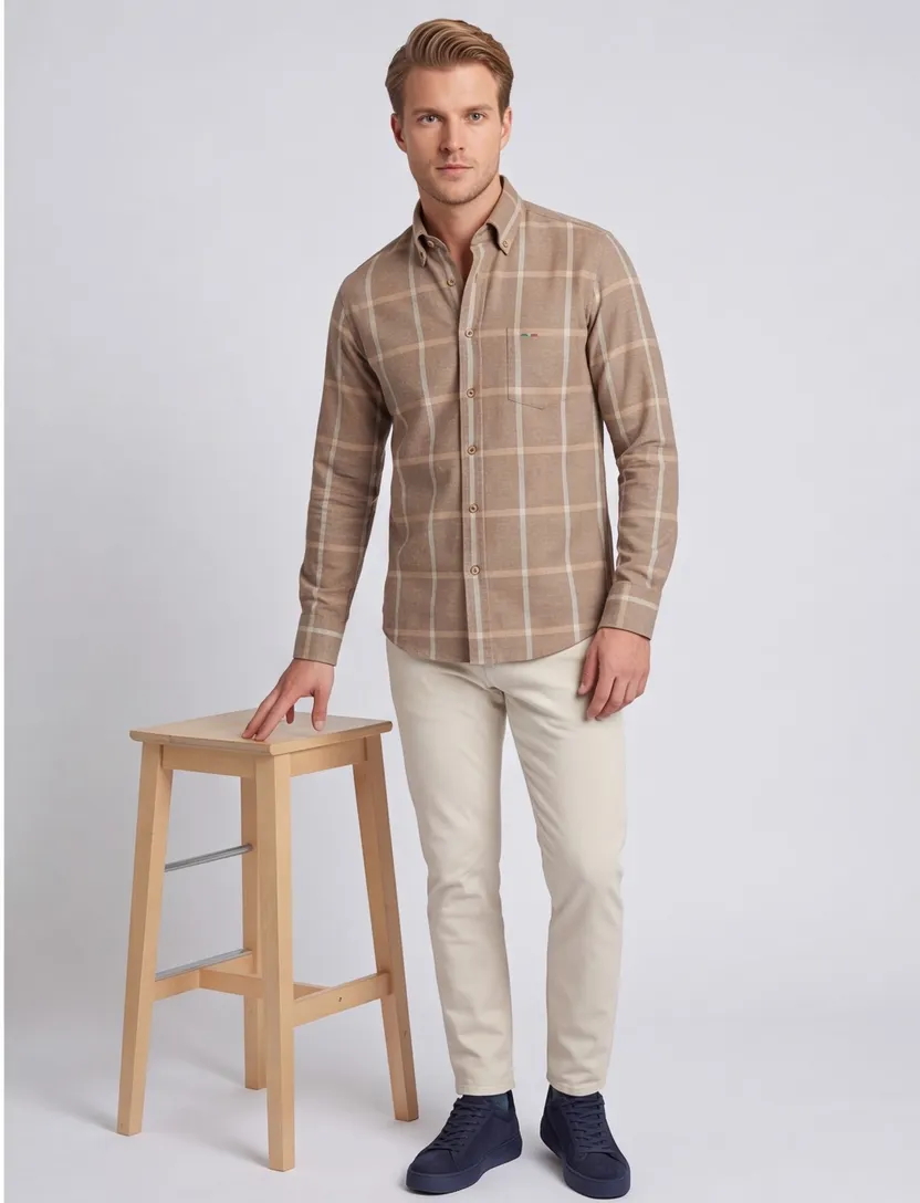 Portofino overhemd bruin geruit regular fit