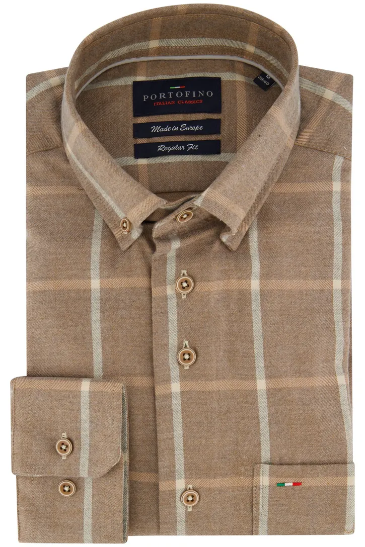 Portofino overhemd bruin geruit regular fit