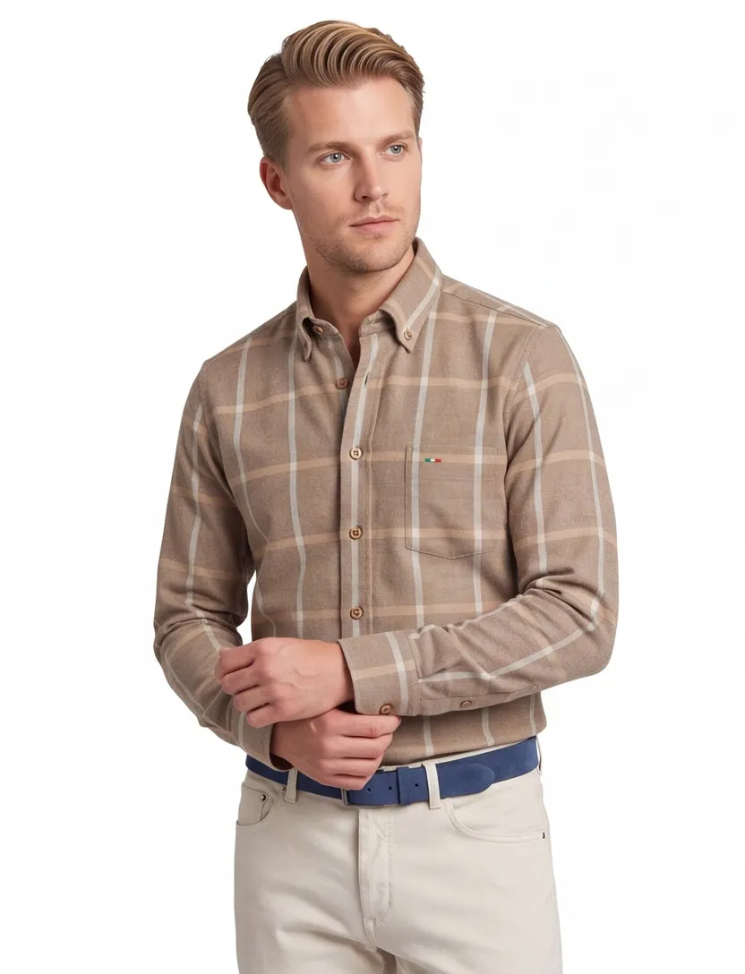 Portofino overhemd bruin geruit regular fit