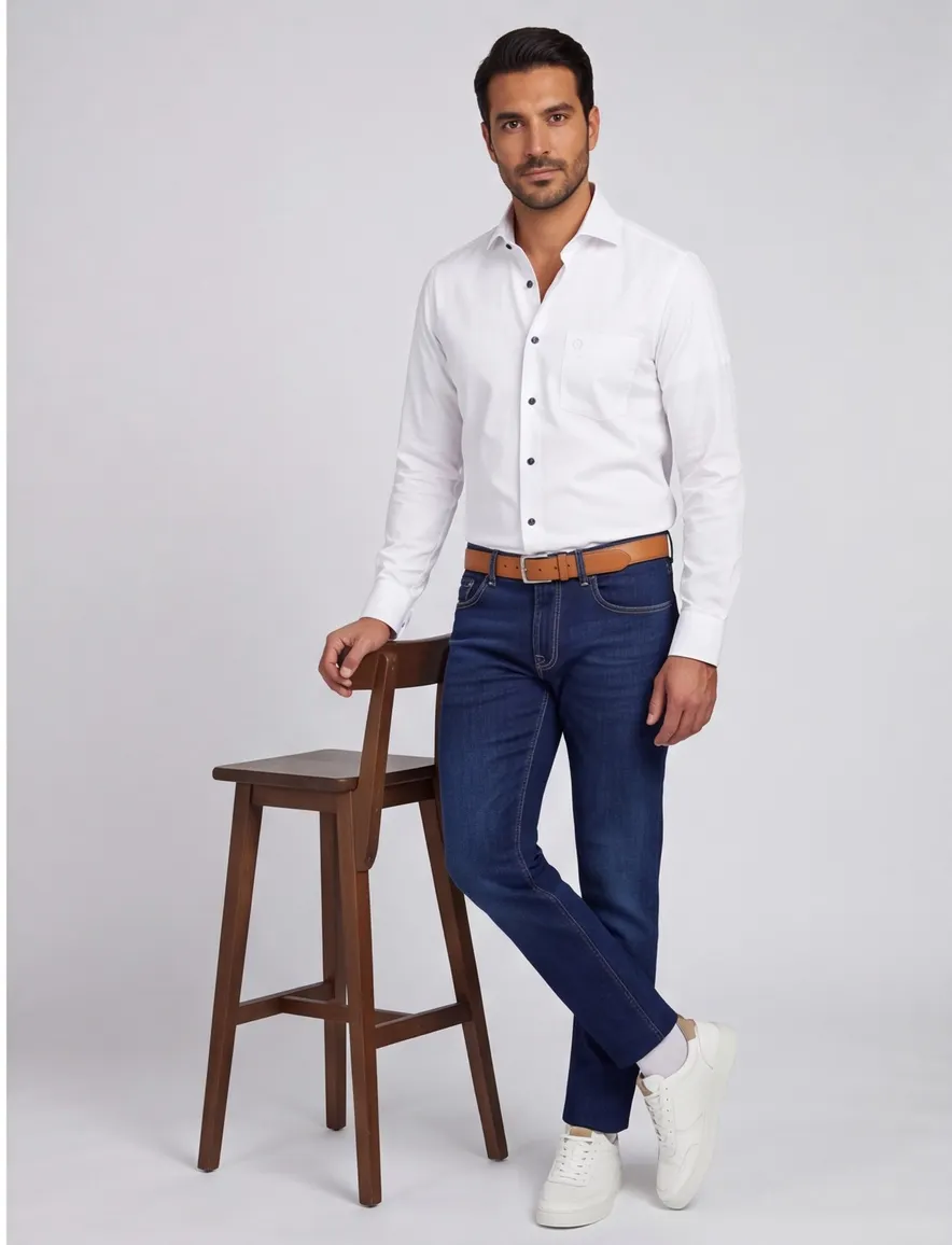 Ledub Overhemd wit modern fit effen