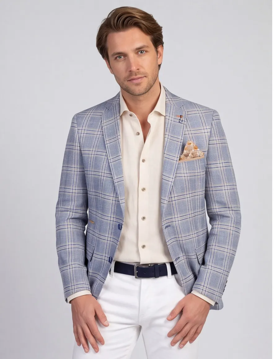 Blauw geruit A Fish Named Fred colbert slim fit katoen