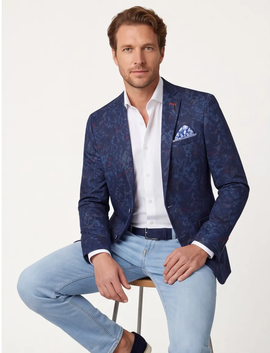 A Fish Named Fred katoenen colbert slim fit blauw geprint
