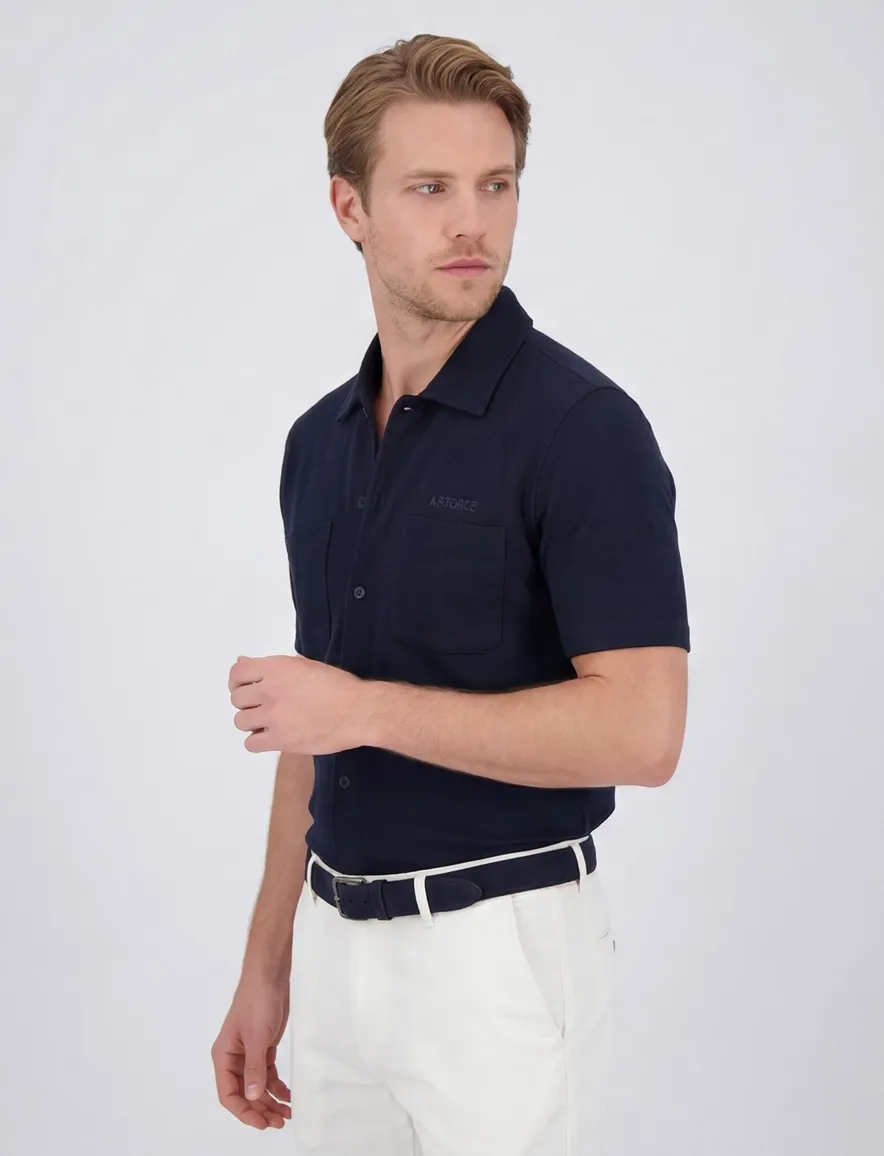 Airforce overhemd donkerblauw katoen korte mouw