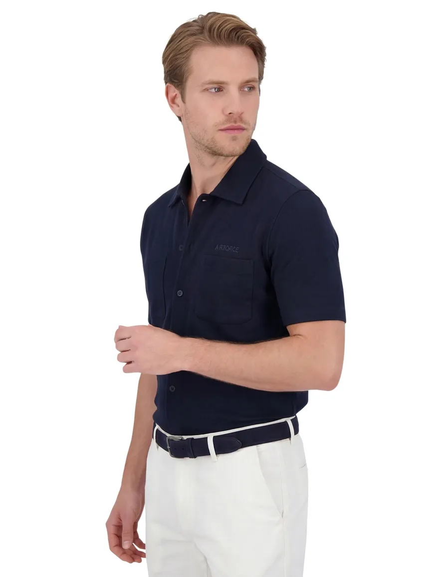 Airforce overhemd donkerblauw katoen korte mouw