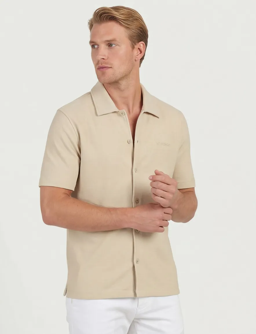 Airforce overhemden korte mouw beige effen