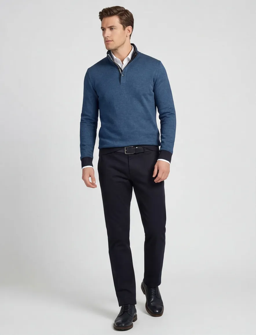 Baileys trui half zip blauw effen katoen knopen