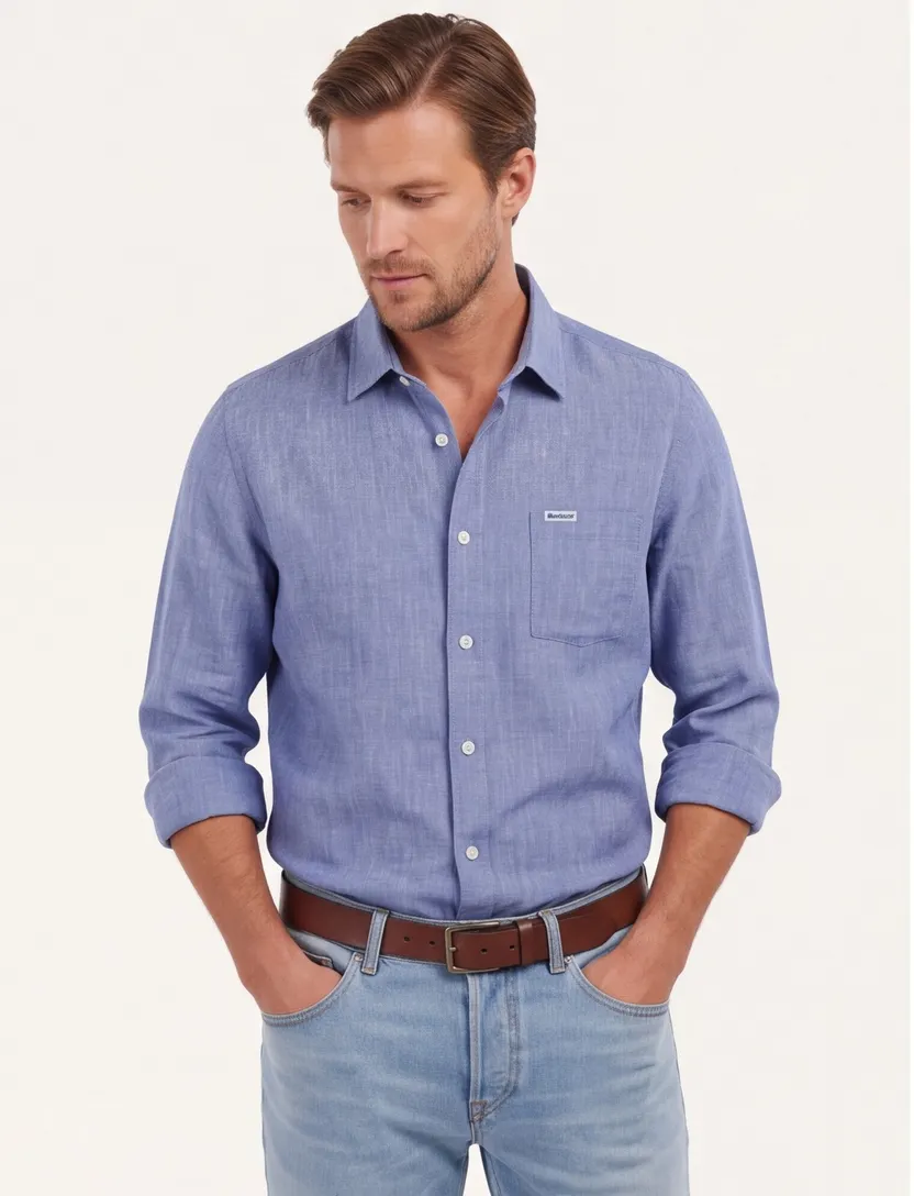 Barbour overhemd korte mouw regular fit linnen blauw gemêleerd
