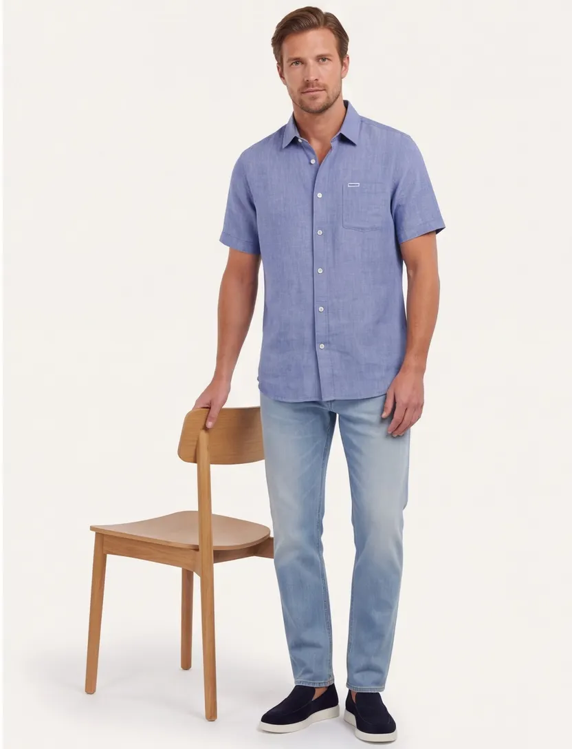 Barbour overhemd korte mouw regular fit linnen blauw gemêleerd