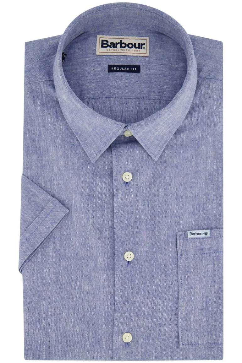 Barbour blauw gemêleerd overhemd regular fit linnen korte mouw