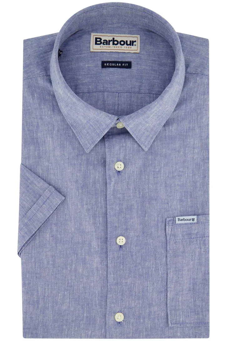 Barbour overhemd korte mouw regular fit linnen blauw gemêleerd
