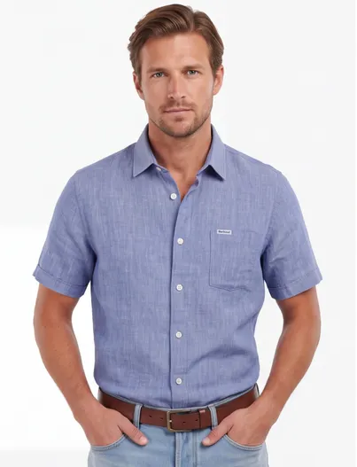 Barbour Barbour blauw gemêleerd overhemd regular fit linnen korte mouw