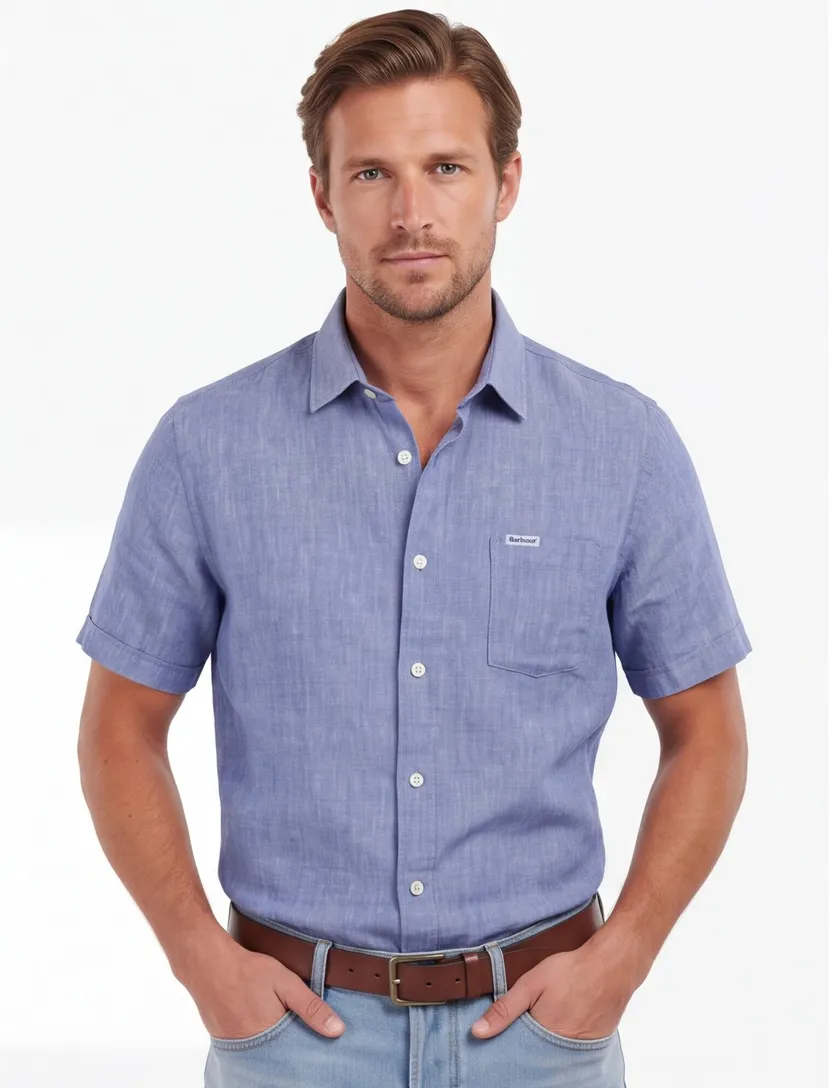 Barbour overhemd korte mouw regular fit linnen blauw gemêleerd