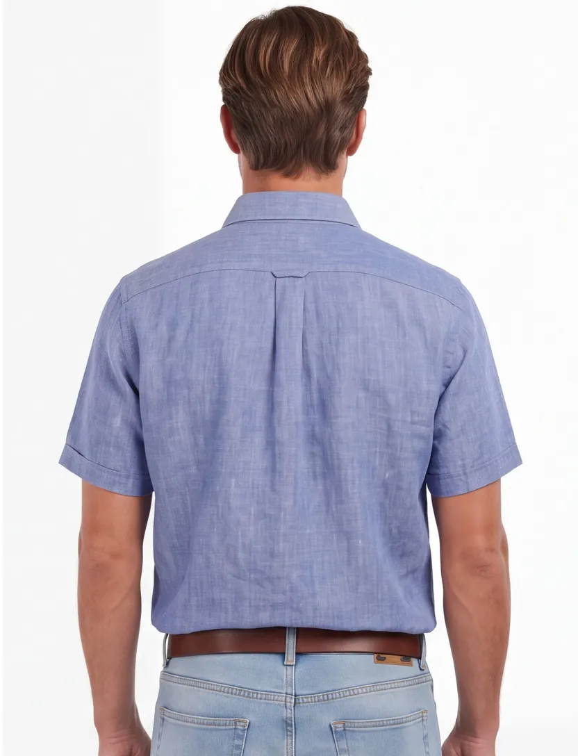 Barbour overhemd korte mouw regular fit linnen blauw gemêleerd