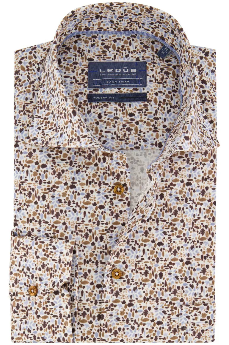 Ledub overhemd print bruin blauw modern fit