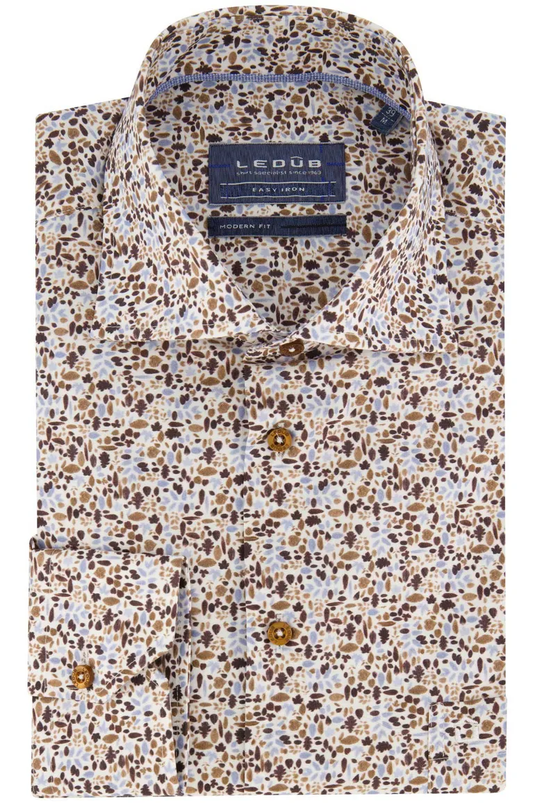 Ledub overhemd print bruin blauw modern fit
