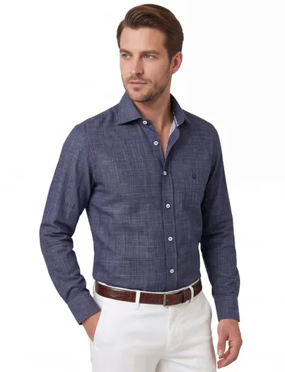 Ledub Ledub modern fit overhemd donkerblauw borstzak