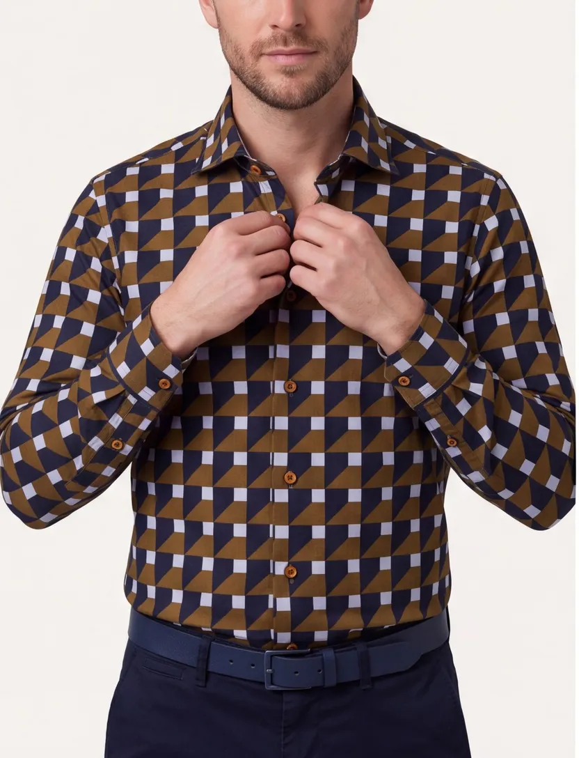 Bruin blauw printje Ledub overhemd modern fit