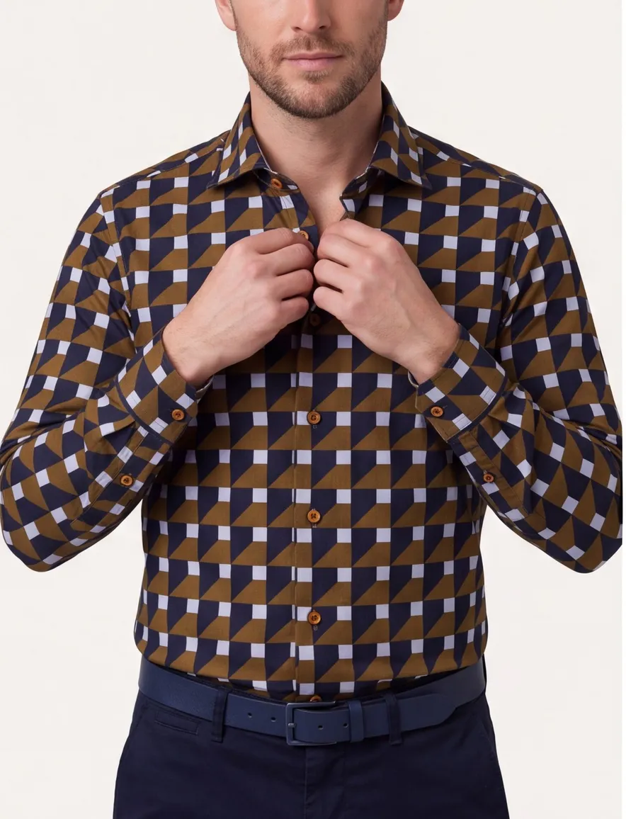 Ledub overhemd bruin blauw geprint modern fit