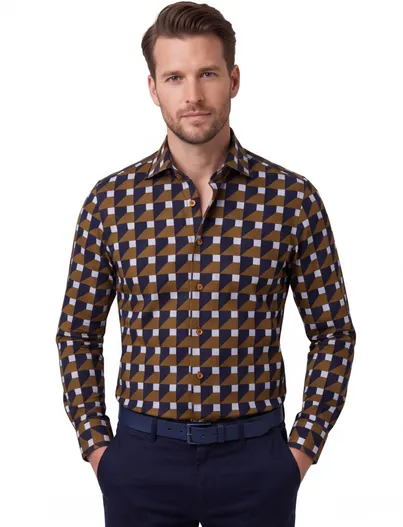 Ledub Bruin blauw printje Ledub overhemd modern fit
